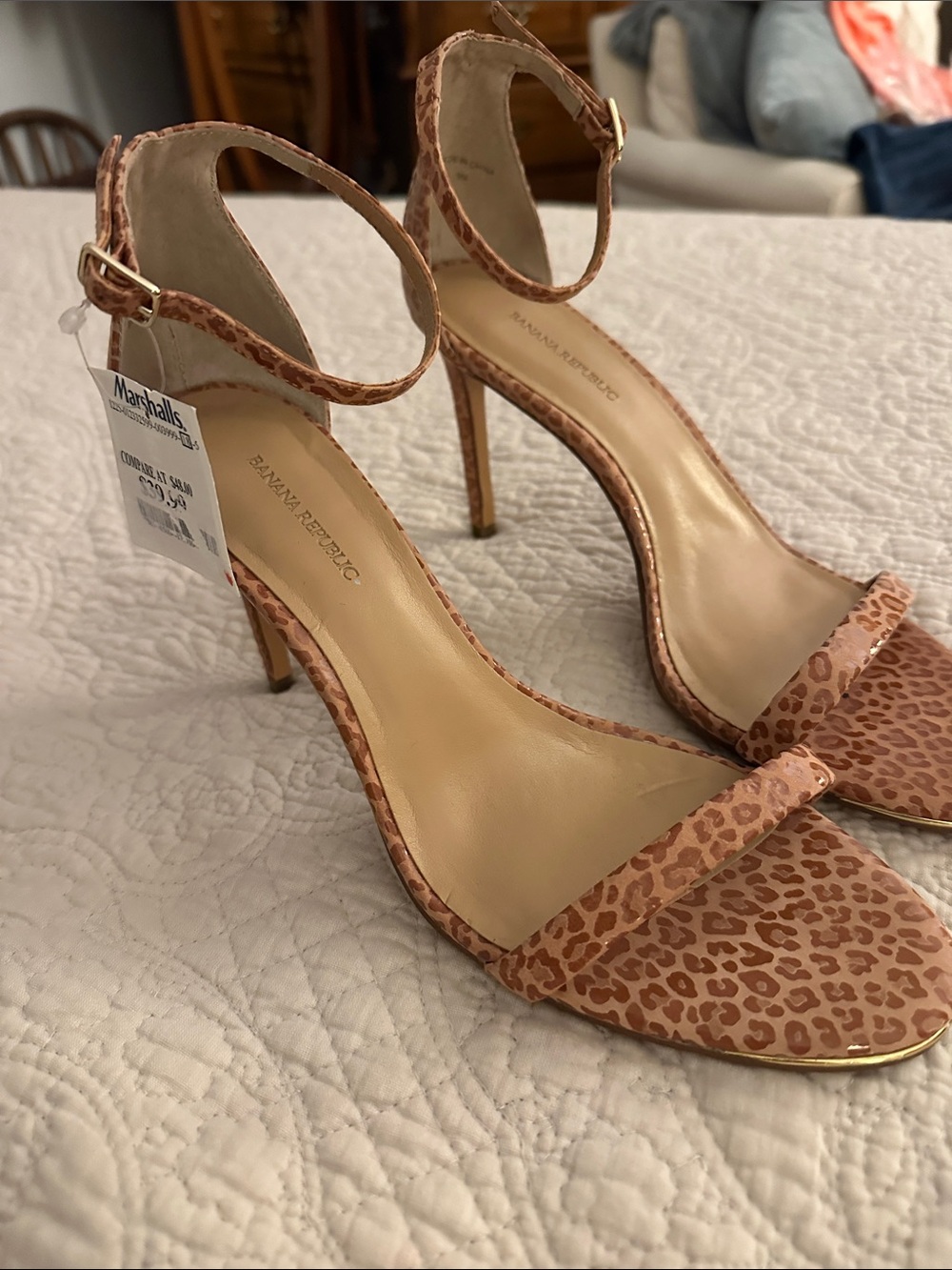 Banana Republic Leopard Print Ankle-Strap Heels in Tan - Picture 2 of 4